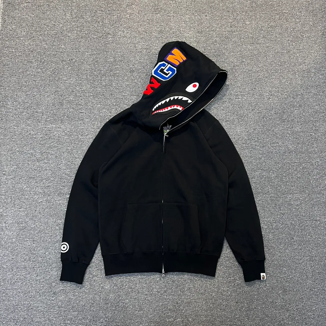 XX 125 BAPE SHARK FULL ZIP solid color embroidered shark zipper sweatshirt jacket ZP version correct version 430g weight pure cotton custom fabric Couple style: S—XXL [Black Gray]